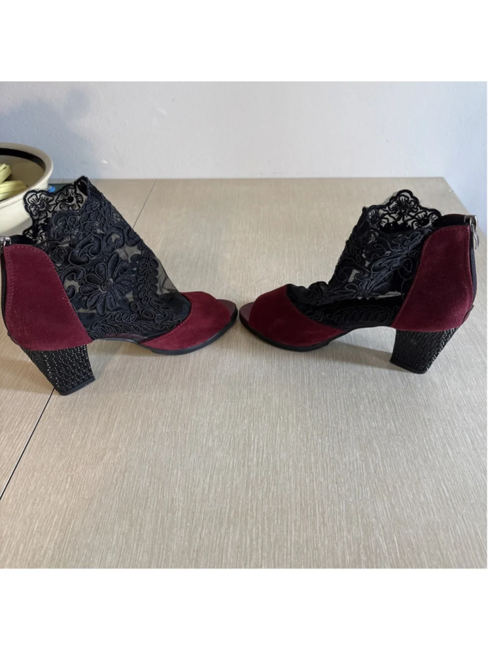 Burgundy Black Lace Ankle Boots Peep Toe Block Heel Women 39(8-8.5) 1190